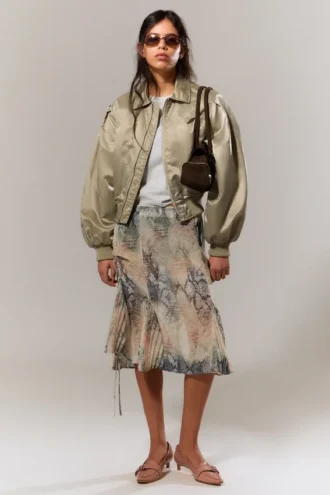 Chaqueta bomber holgada de nailon de Yulia B – Verde caqui claro