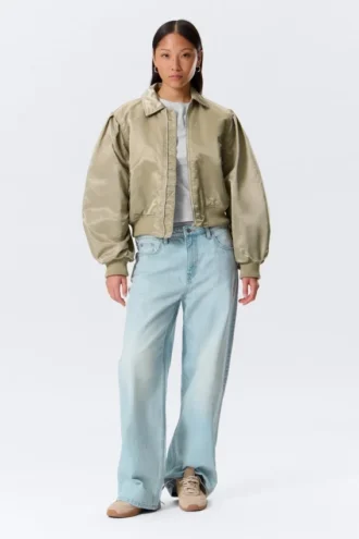 Chaqueta bomber holgada de nailon de Yulia B – Verde caqui claro