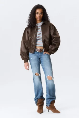 Chaqueta bomber holgada de nailon Yulia B – Marrón oscuro