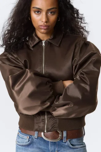 Chaqueta bomber holgada de nailon Yulia B – Marrón oscuro