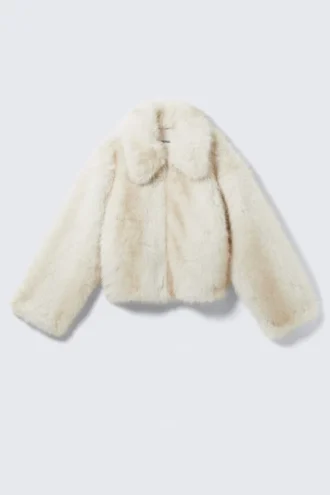 Chaqueta con cremallera de piel sintética – Blanco roto