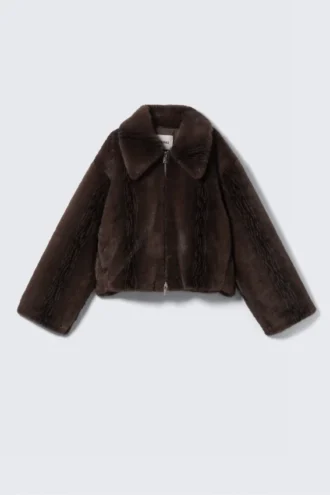 Chaqueta con cremallera de piel sintética – Marrón oscuro