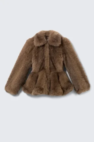 Chaqueta con peplum de piel sintética – Marrón
