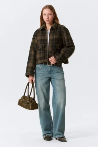 Chaqueta corta de corte recto con cremallera – Cuadros marrón oscuro