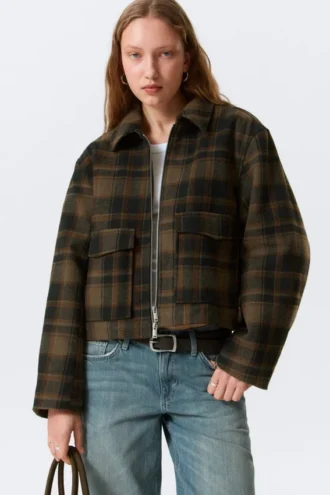 Chaqueta corta de corte recto con cremallera – Cuadros marrón oscuro