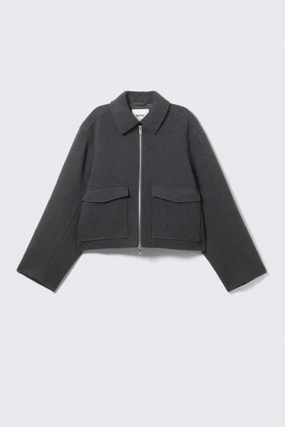 Chaqueta corta y entallada con cremallera – Gris oscuro jaspeado Chaqueta corta y entallada con cremallera – Gris oscuro jaspeado