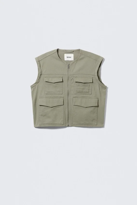Chaqueta de algodón con mangas desmontables – Verde caqui claro deslavado Chaqueta de algodón con mangas desmontables – Verde caqui claro deslavado