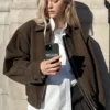 Chaqueta de ante con cremallera de corte recto – Marrón oscuro Chaqueta de ante con cremallera de corte recto – Marrón oscuro