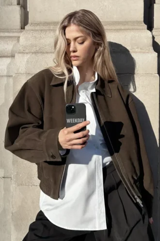 Chaqueta de ante con cremallera de corte recto – Marrón oscuro