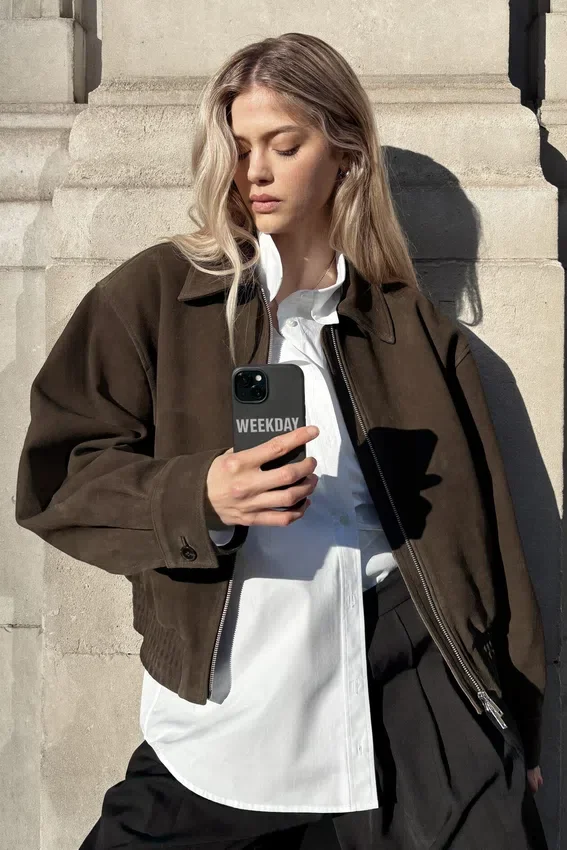 Chaqueta de ante con cremallera de corte recto – Marrón oscuro Chaqueta de ante con cremallera de corte recto – Marrón oscuro
