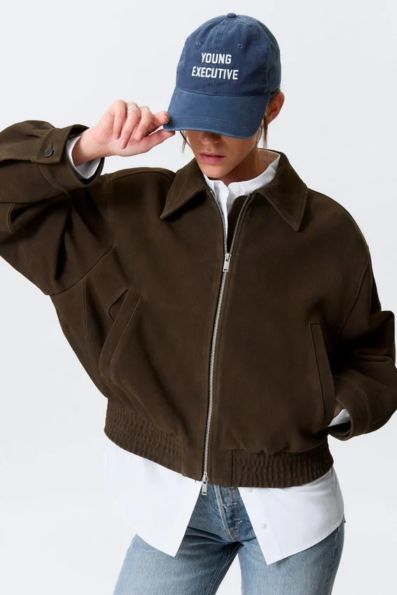 Chaqueta de ante con cremallera de corte recto – Marrón oscuro Chaqueta de ante con cremallera de corte recto – Marrón oscuro