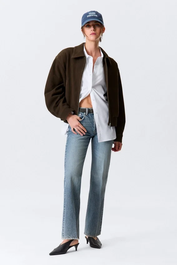 Chaqueta de ante con cremallera de corte recto – Marrón oscuro Chaqueta de ante con cremallera de corte recto – Marrón oscuro