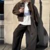 Chaqueta de ante con cremallera de corte recto – Marrón oscuro Chaqueta de ante con cremallera de corte recto – Marrón oscuro