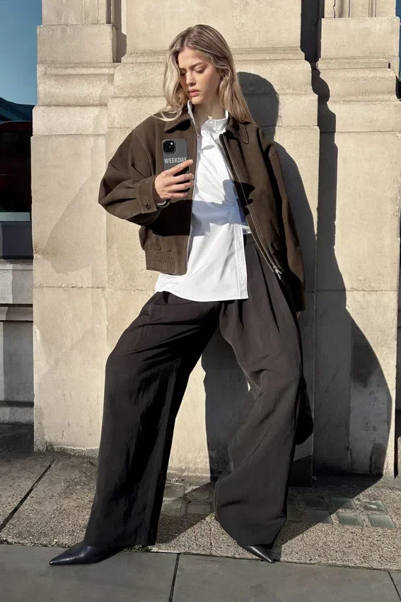 Chaqueta de ante con cremallera de corte recto – Marrón oscuro Chaqueta de ante con cremallera de corte recto – Marrón oscuro