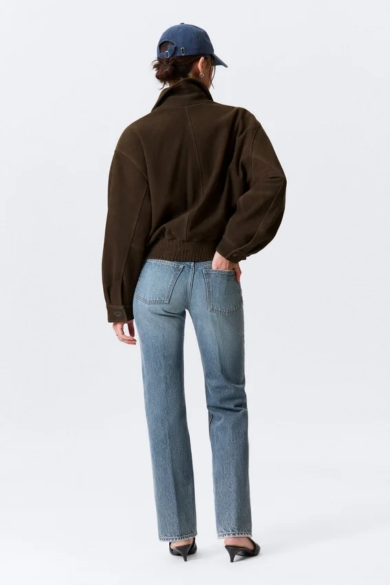Chaqueta de ante con cremallera de corte recto – Marrón oscuro Chaqueta de ante con cremallera de corte recto – Marrón oscuro