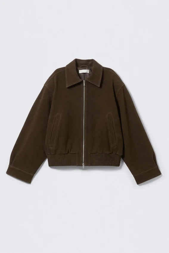 Chaqueta de ante con cremallera de corte recto – Marrón oscuro Chaqueta de ante con cremallera de corte recto – Marrón oscuro
