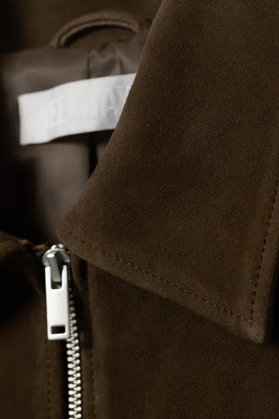 Chaqueta de ante con cremallera de corte recto – Marrón oscuro Chaqueta de ante con cremallera de corte recto – Marrón oscuro