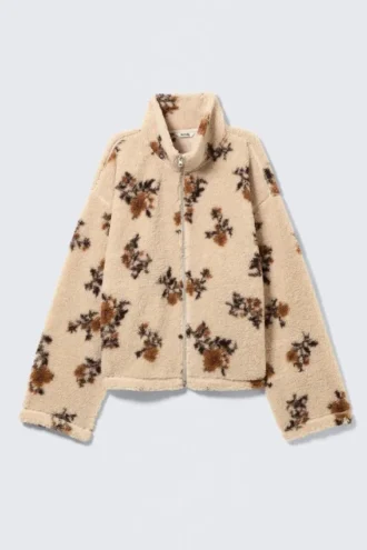 Chaqueta de forro polar con cremallera – Beige – Estampado floral marrón
