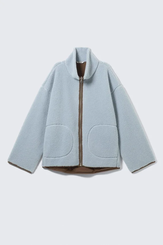 Chaqueta de forro polar de pelo largo – Azul claro – Forro marrón Chaqueta de forro polar de pelo largo – Azul claro – Forro marrón