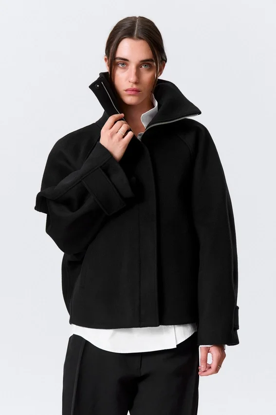 Chaqueta de lana de corte holgado con mangas raglán – Negro Chaqueta de lana de corte holgado con mangas raglán – Negro