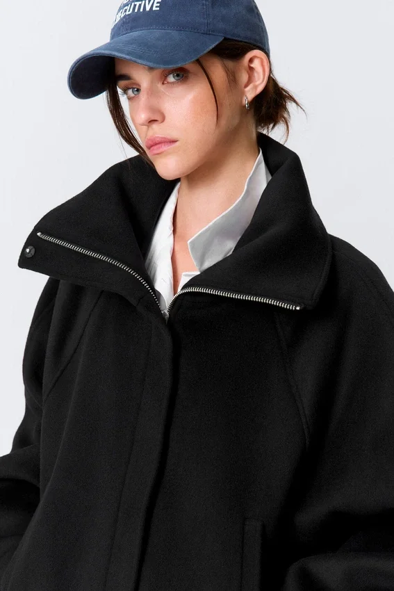 Chaqueta de lana de corte holgado con mangas raglán – Negro Chaqueta de lana de corte holgado con mangas raglán – Negro