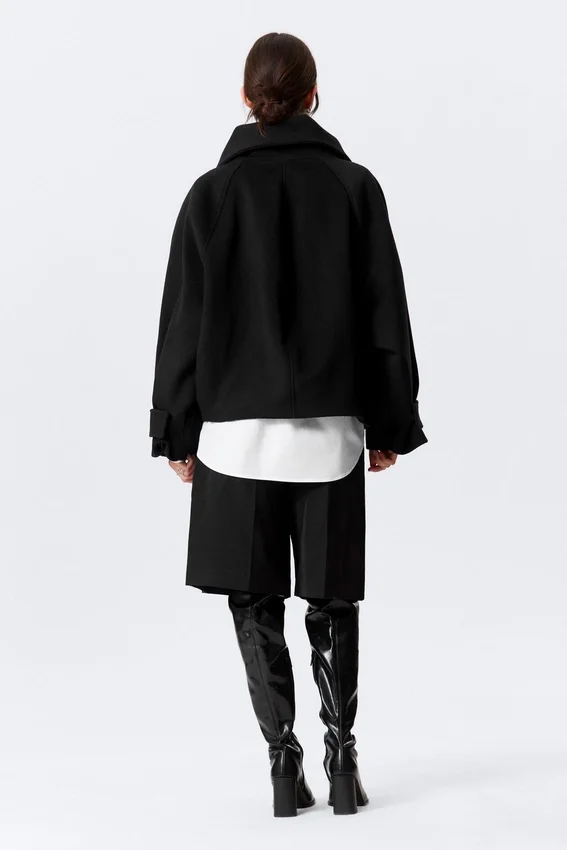 Chaqueta de lana de corte holgado con mangas raglán – Negro Chaqueta de lana de corte holgado con mangas raglán – Negro