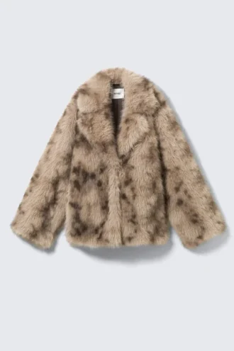 Chaqueta de piel sintética – Beige/Marrón con estampado de leopardo