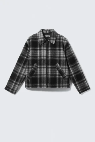 Chaqueta holgada con cremallera de mezcla de lana – Cuadros negros Chaqueta holgada con cremallera de mezcla de lana – Cuadros negros