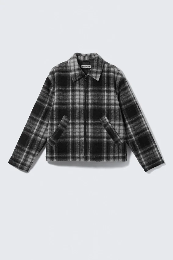 Chaqueta holgada con cremallera de mezcla de lana – Cuadros negros Chaqueta holgada con cremallera de mezcla de lana – Cuadros negros