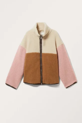 Chaqueta holgada de forro polar con cremallera – Beige/Marrón/Rosa