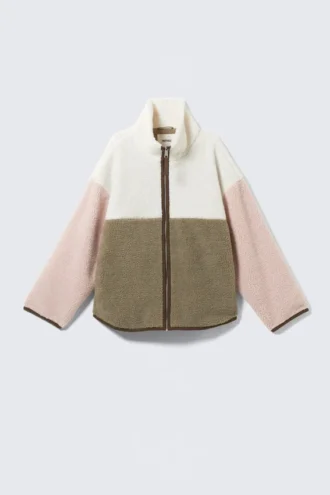Chaqueta holgada de forro polar con cremallera – Blanco/Caqui/Rosa