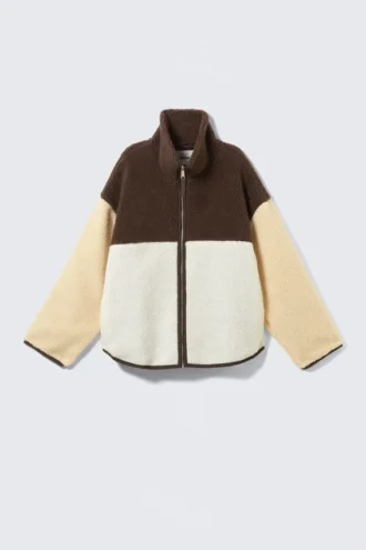 Chaqueta holgada de forro polar con cremallera – Marrón/Blanco/Amarillo