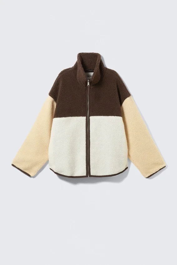 Chaqueta holgada de forro polar con cremallera – Marrón/Blanco/Amarillo Chaqueta holgada de forro polar con cremallera – Marrón/Blanco/Amarillo