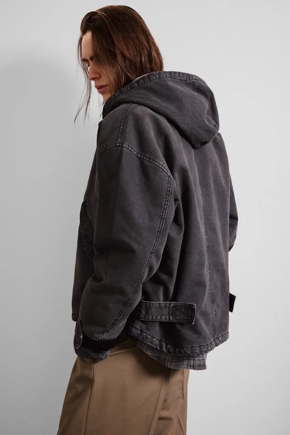 Chaqueta holgada de lona con capucha – Negro jaspeado Chaqueta holgada de lona con capucha – Negro jaspeado