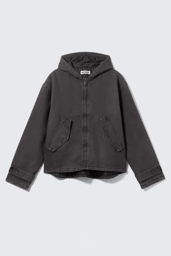 Chaqueta holgada de lona con capucha – Negro jaspeado Chaqueta holgada de lona con capucha – Negro jaspeado
