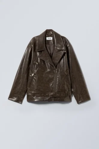 Chaqueta motera oversize de imitación de cuero – Marrón oscuro
