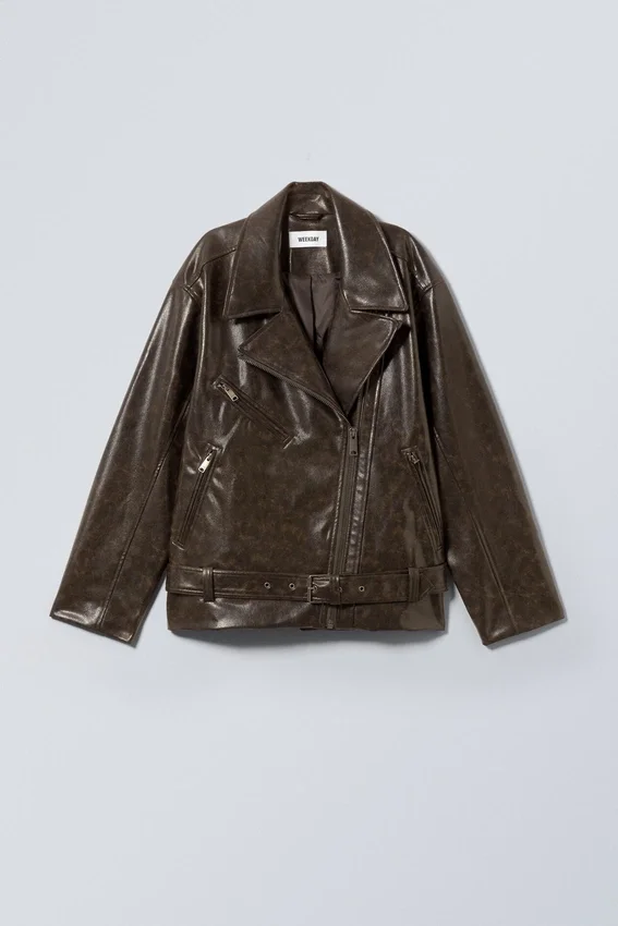 Chaqueta motera oversize de imitación de cuero – Marrón oscuro Chaqueta motera oversize de imitación de cuero – Marrón oscuro