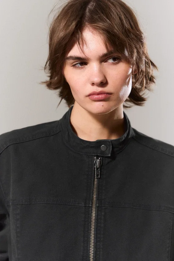 Chaqueta oversize de lona lavada – Negro Chaqueta oversize de lona lavada – Negro