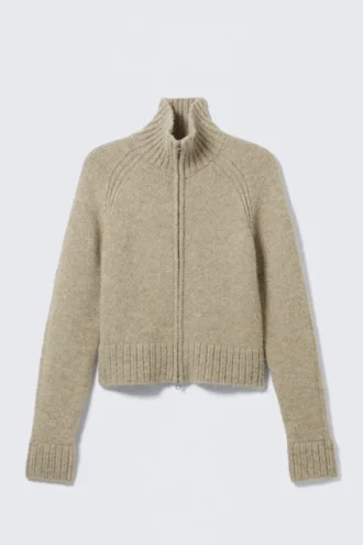 Cárdigan ajustado de punto suave con cremallera – Beige jaspeado