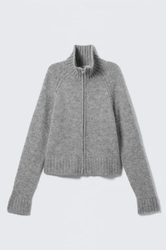 Cárdigan ajustado de punto suave con cremallera – Gris jaspeado