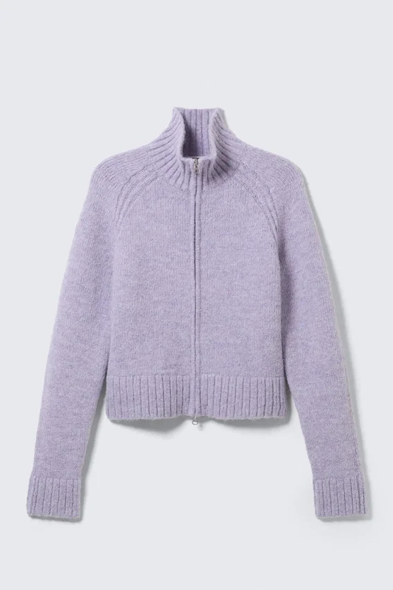 Cárdigan ajustado de punto suave con cremallera – Mezcla de morado claro Cárdigan ajustado de punto suave con cremallera – Mezcla de morado claro