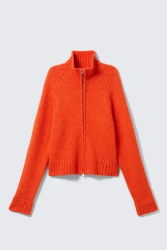 Cárdigan ajustado de punto suave con cremallera – Naranja brillante