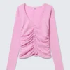 Cárdigan Belle B con fruncidos y cuello en V – Rosa