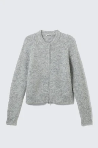 Cárdigan con cremallera de mezcla de lana y mangas raglán – Gris jaspeado