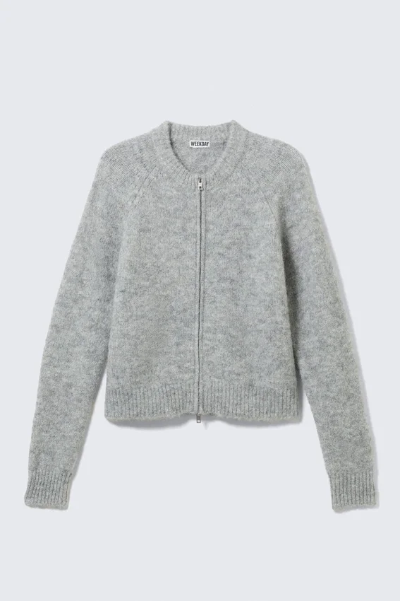 Cárdigan con cremallera de mezcla de lana y mangas raglán – Gris jaspeado Cárdigan con cremallera de mezcla de lana y mangas raglán – Gris jaspeado