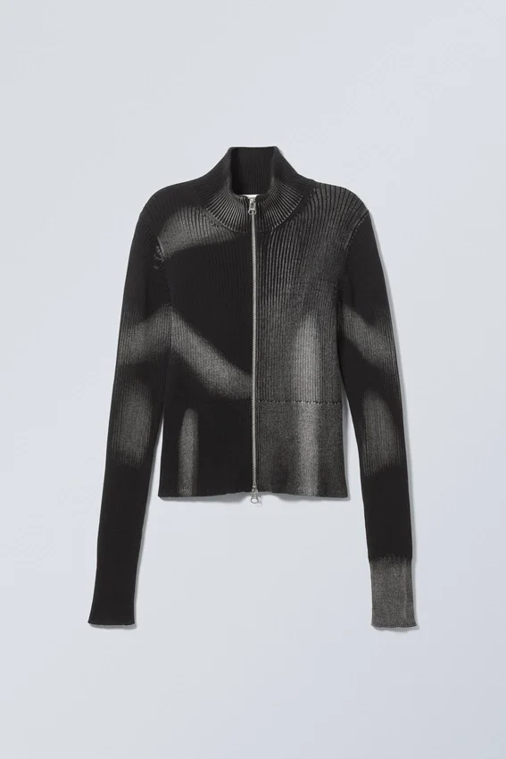 Cárdigan con cremallera de punto elástico Taiki – Rayas bicolores en negro y gris Cárdigan con cremallera de punto elástico Taiki – Rayas bicolores en negro y gris