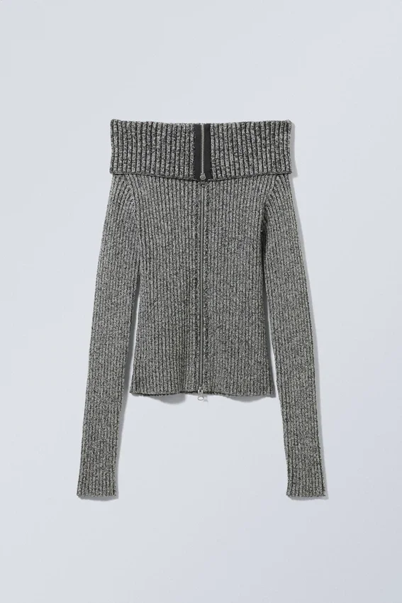 Cárdigan con cremallera y hombros al aire Vanna – Gris bicolor Cárdigan con cremallera y hombros al aire Vanna – Gris bicolor