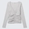 Cárdigan con cuello en V fruncido de Belle B – Gris claro jaspeado Cárdigan con cuello en V fruncido de Belle B – Gris claro jaspeado