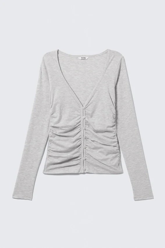 Cárdigan con cuello en V fruncido de Belle B – Gris claro jaspeado Cárdigan con cuello en V fruncido de Belle B – Gris claro jaspeado