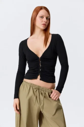 Cárdigan con cuello en V fruncido de Belle B – Negro